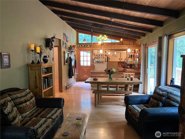 291 Williams Rd, Ariel, WA 98603 - living room featuring wood finished floors, a chandelier, and wooden ceiling