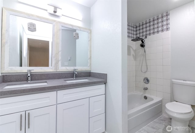 5611 S Cheyenne St, Tacoma, WA 98409 - full bath with toilet, double vanity, shower / tub combination, and marble finish flooring