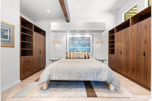 19 Davelaar Dr, Mazama, WA 98833 - bedroom featuring light wood-type flooring, beam ceiling, a closet, and recessed lighting
