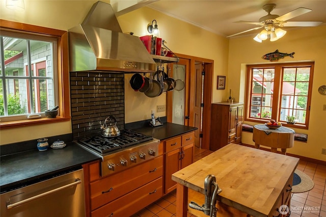 472 Redtail Ln, Lopez Island, WA 98261 - kitchen featuring wall chimney range hood, appliances with stainless steel finishes, tile patterned flooring, wood counters, and ornamental molding