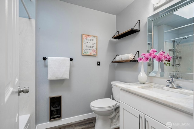 2 199th Pl SE, Bothell, WA 98012 - full bathroom featuring heating unit, vanity, wood finished floors, toilet, and a shower with shower curtain