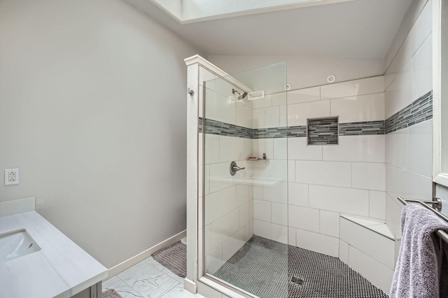 2617 35th Ave SE, Puyallup, WA 98374 - full bathroom featuring a shower stall, marble look tiles, lofted ceiling, and vanity