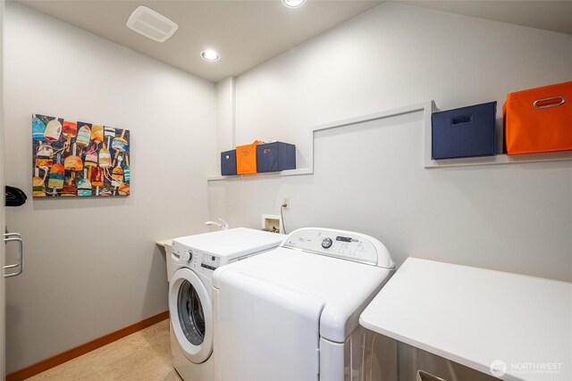 2778 N Nugent Rd N, Lummi Island, WA 98262 - laundry area featuring separate washer and dryer, recessed lighting, baseboards, and light colored carpet