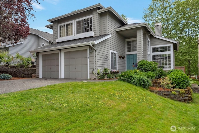 707 S 32nd, Renton, WA 98055 - view of front of home with a chimney, an attached garage, a front yard, and asphalt driveway