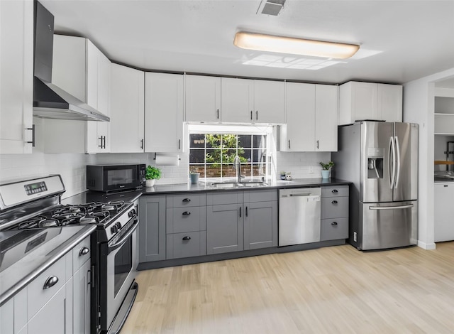 7715 236th St SW, Edmonds, WA 98026 - kitchen featuring appliances with stainless steel finishes, wall chimney exhaust hood, a sink, light wood-type flooring, and backsplash