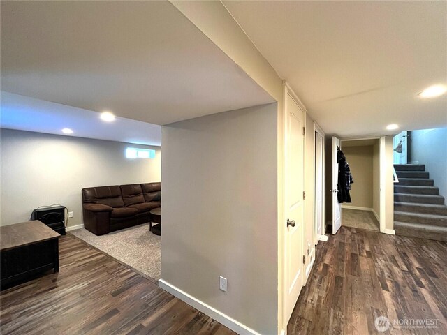 6612 E B St, Tacoma, WA 98404 - living area featuring dark wood-type flooring, baseboards, stairs, and recessed lighting