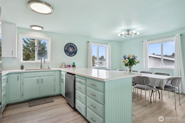 177 N Razor Clam Dr SW, Ocean Shores, WA 98569 - kitchen with green cabinetry, stainless steel dishwasher, a peninsula, light countertops, and a sink