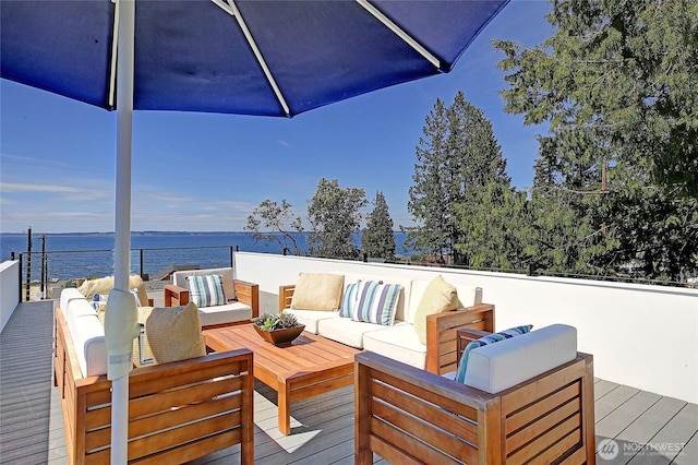 275 Maple St, Camano Island, WA 98282 - wooden terrace with an outdoor living space and a water view