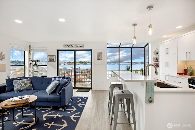 817 Kitsap St, Port Orchard, WA 98366 - living area with light wood-style flooring, recessed lighting, and a water view