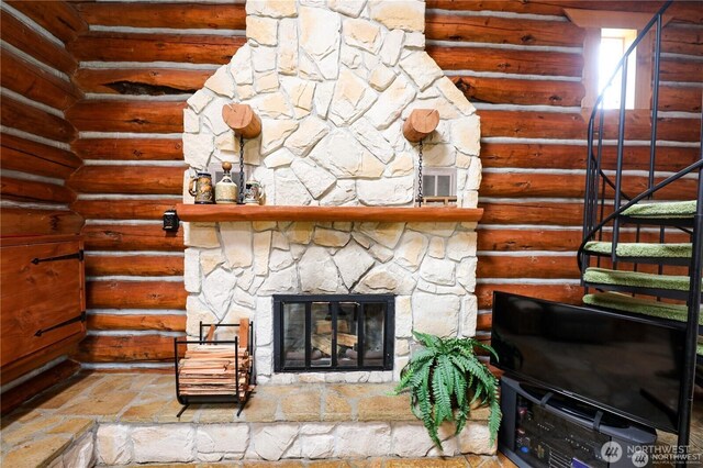 54 Center View Dr, Decatur Island, WA 98221 - detailed view of rustic walls and a fireplace