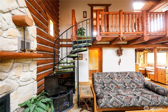 54 Center View Dr, Decatur Island, WA 98221 - living room with rustic walls and stairs
