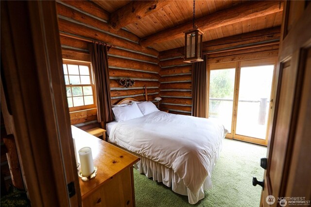 54 Center View Dr, Decatur Island, WA 98221 - carpeted bedroom featuring access to outside, multiple windows, wooden ceiling with exposed beams, and log walls