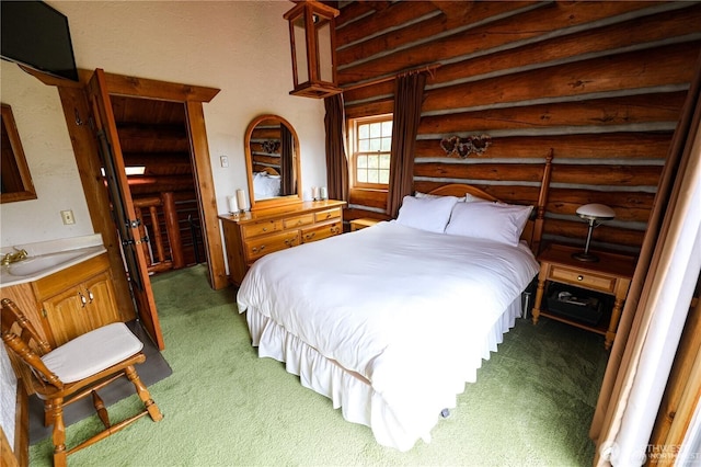 54 Center View Dr, Decatur Island, WA 98221 - bedroom featuring log walls and light carpet