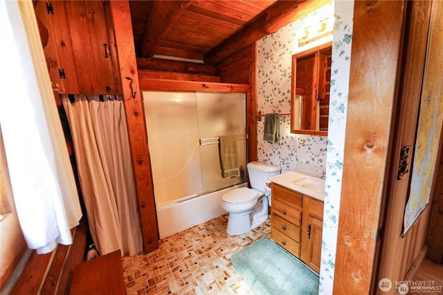 54 Center View Dr, Decatur Island, WA 98221 - bathroom featuring wooden ceiling with exposed beams, wallpapered walls, vanity, toilet, and bath / shower combo with glass door