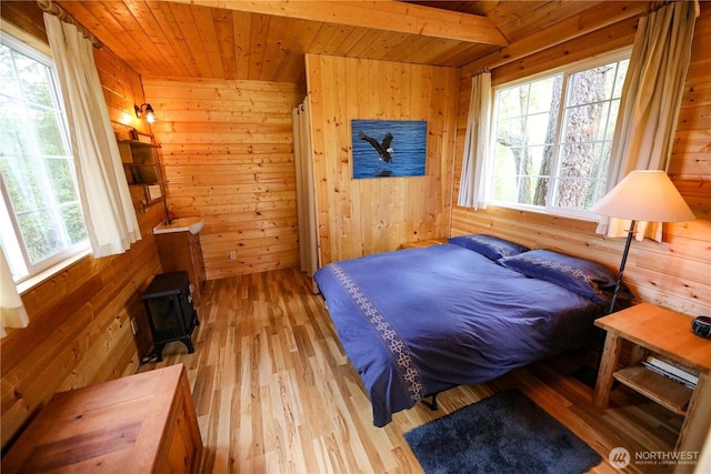 54 Center View Dr, Decatur Island, WA 98221 - bedroom featuring wooden ceiling, wood walls, wood finished floors, and a wood stove