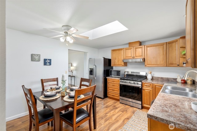 7475 Trica Ave, Bremerton, WA 98311 - kitchen featuring stainless steel appliances, a sink, under cabinet range hood, a skylight, and a ceiling fan