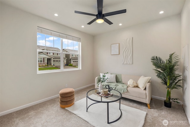 14204 67th Avenue Ct E, Puyallup, WA 98373 - living area with carpet floors, recessed lighting, baseboards, and a ceiling fan