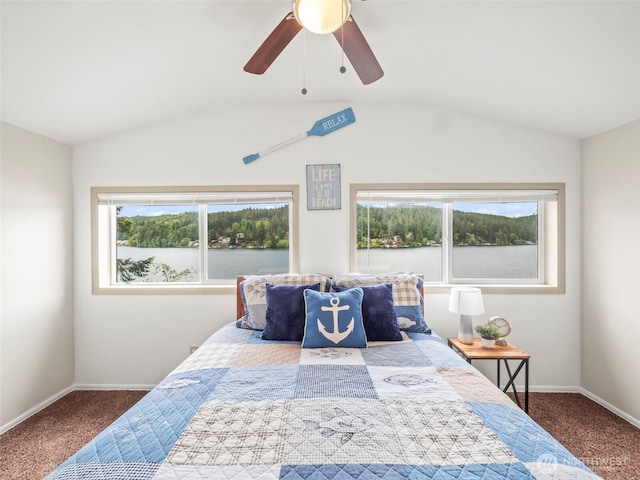 1201 Summit Lake Shore Rd NW, East Olympia, WA 98502 - bedroom featuring carpet floors, lofted ceiling, baseboards, and a ceiling fan