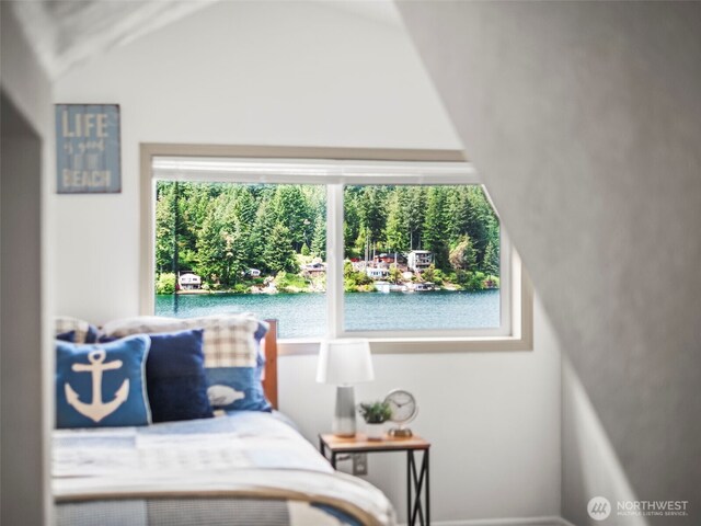 1201 Summit Lake Shore Rd NW, East Olympia, WA 98502 - bedroom featuring a water view and vaulted ceiling