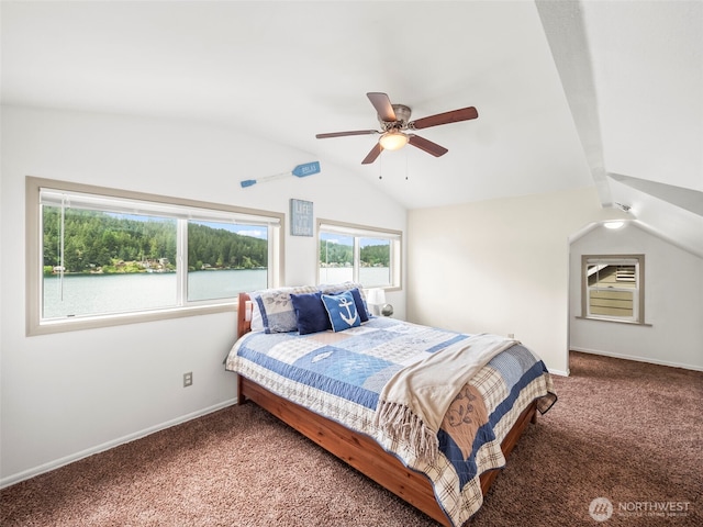 1201 Summit Lake Shore Rd NW, East Olympia, WA 98502 - carpeted bedroom with lofted ceiling, baseboards, and a ceiling fan