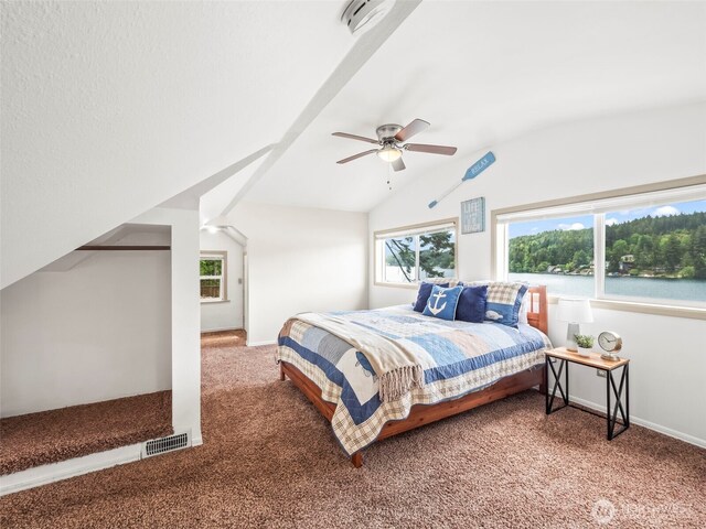 1201 Summit Lake Shore Rd NW, East Olympia, WA 98502 - carpeted bedroom with lofted ceiling, a ceiling fan, and baseboards