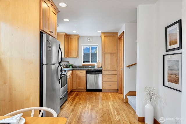 6348 34th Ave SW Unit C, Seattle, WA 98126 - kitchen featuring appliances with stainless steel finishes, light wood-type flooring, dark countertops, and recessed lighting