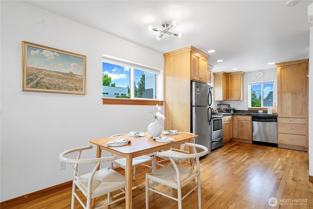 6348 34th Ave SW Unit C, Seattle, WA 98126 - kitchen featuring stainless steel appliances, light wood-style flooring, dark countertops, baseboards, and recessed lighting