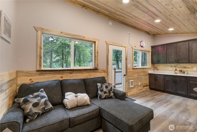 34208 343rd Avenue Ct E, Ashford, WA 98304 - living room featuring vaulted ceiling, recessed lighting, light wood-style flooring, wooden ceiling, and wooden walls