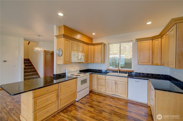 46 Wildwood Ln, Cathlamet, WA 98612 - kitchen with white appliances, a sink, light brown cabinetry, a peninsula, and recessed lighting