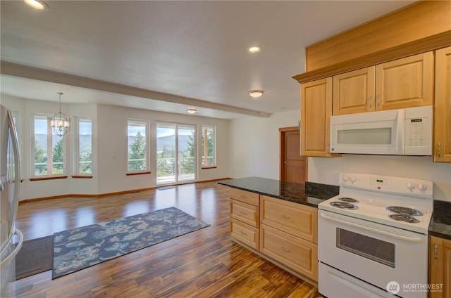 46 Wildwood Ln, Cathlamet, WA 98612 - kitchen featuring white appliances, dark wood-style flooring, a chandelier, open floor plan, and recessed lighting