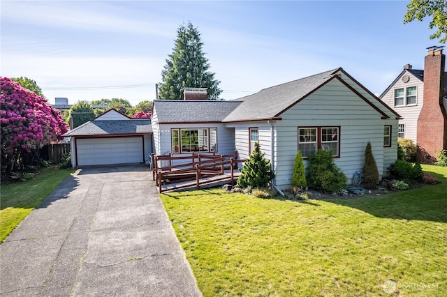 1515 19th Ave, Longview, WA 98632 - view of front of property featuring a front yard, a chimney, a garage, and a shingled roof