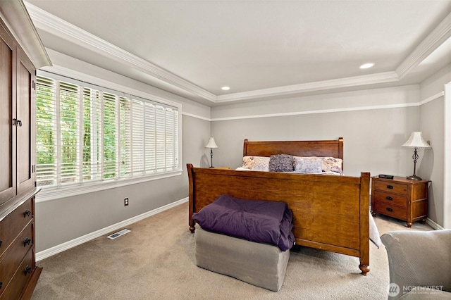 12153 SE 307th Pl, Auburn, WA 98092 - bedroom featuring baseboards, crown molding, carpet floors, a tray ceiling, and recessed lighting