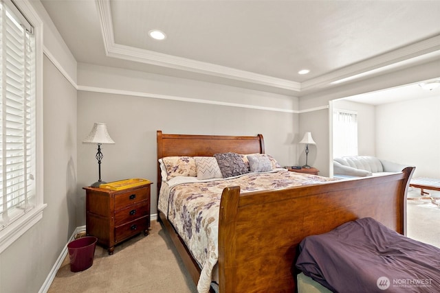 12153 SE 307th Pl, Auburn, WA 98092 - bedroom with light carpet, a tray ceiling, baseboards, recessed lighting, and ornamental molding