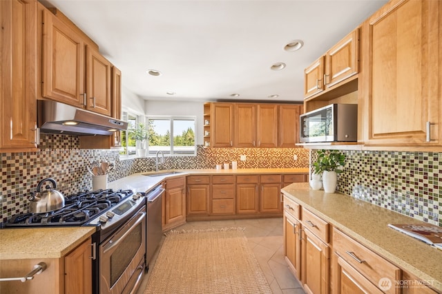 1309 NW Norcross Way, Seattle, WA 98177 - kitchen featuring under cabinet range hood, appliances with stainless steel finishes, open shelves, a sink, and decorative backsplash