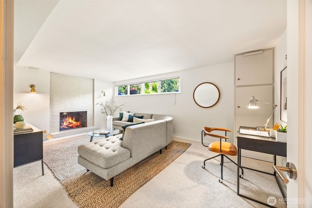 1309 NW Norcross Way, Seattle, WA 98177 - carpeted living room with a large fireplace and baseboards