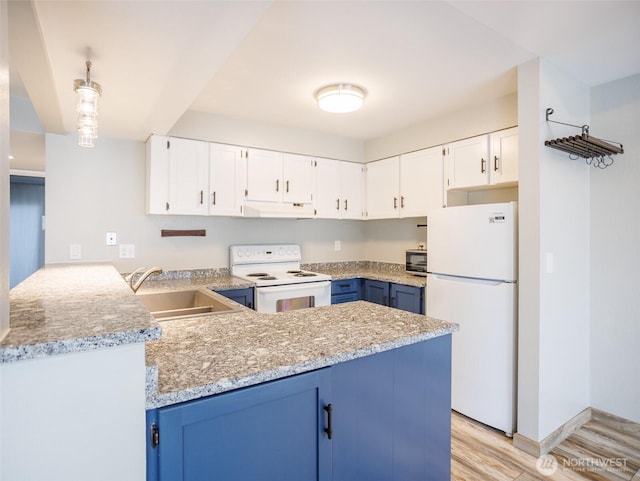 821 Essex Pl NE Unit 1-B, Lacey, WA 98516 - kitchen with white appliances, under cabinet range hood, a sink, blue cabinets, and a peninsula
