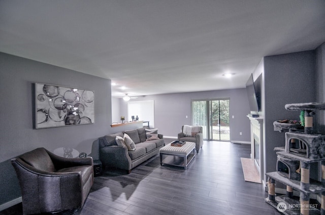 17639 Dusty Ct SW, Tenino, WA 98589 - living room featuring dark wood-type flooring, baseboards, and a fireplace