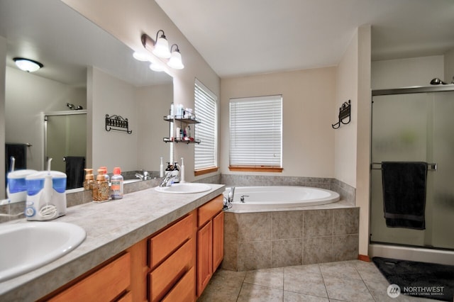17639 Dusty Ct SW, Tenino, WA 98589 - full bathroom featuring a shower stall, tile patterned floors, a garden tub, and double vanity