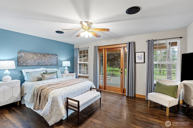 20460 Noll Rd NE, Poulsbo, WA 98370 - bedroom with access to outside, wood finished floors, a ceiling fan, baseboards, and radiator