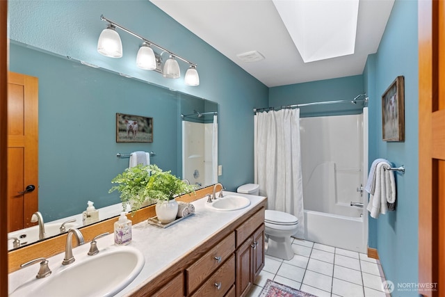 20460 Noll Rd NE, Poulsbo, WA 98370 - bathroom featuring toilet, tile patterned flooring, shower / bath combination with curtain, a skylight, and double vanity