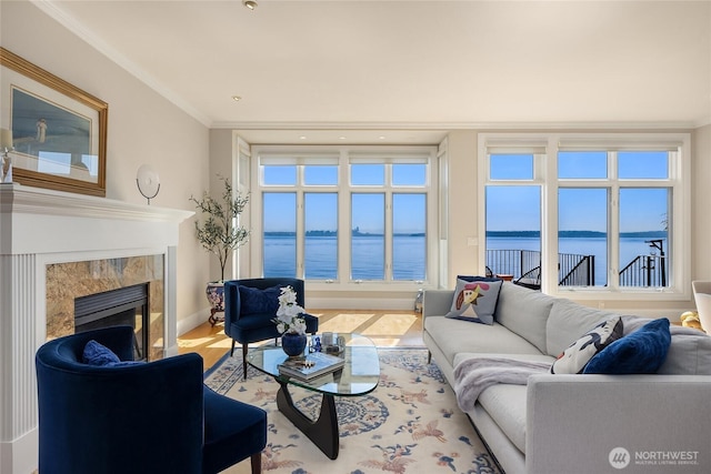 4864 Rockaway Beach Rd NE, Bainbridge Island, WA 98110 - living area with a water view, crown molding, a fireplace, wood finished floors, and baseboards