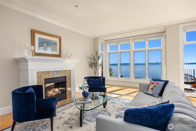 4864 Rockaway Beach Rd NE, Bainbridge Island, WA 98110 - living area with a premium fireplace, wood finished floors, a water view, ornamental molding, and baseboards
