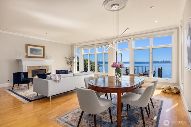4864 Rockaway Beach Rd NE, Bainbridge Island, WA 98110 - dining space with a premium fireplace, ornamental molding, light wood-type flooring, baseboards, and a water view