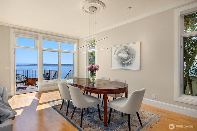 4864 Rockaway Beach Rd NE, Bainbridge Island, WA 98110 - dining area featuring a water view, crown molding, light wood-type flooring, and baseboards