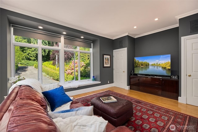 4864 Rockaway Beach Rd NE, Bainbridge Island, WA 98110 - living room featuring ornamental molding, wood finished floors, recessed lighting, and baseboards