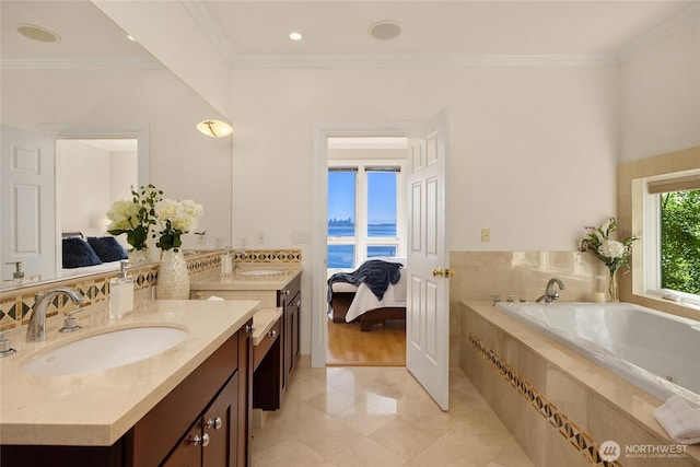 4864 Rockaway Beach Rd NE, Bainbridge Island, WA 98110 - bathroom featuring connected bathroom, vanity, tile patterned flooring, a garden tub, and crown molding