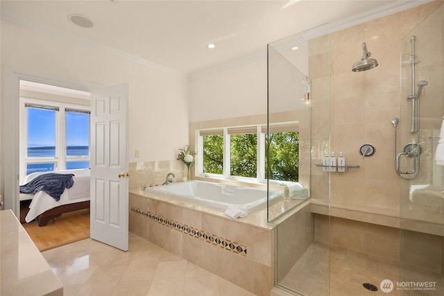 4864 Rockaway Beach Rd NE, Bainbridge Island, WA 98110 - bathroom with a garden tub, a stall shower, ornamental molding, ensuite bathroom, and tile patterned floors