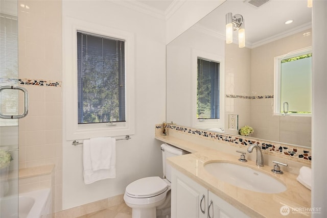4864 Rockaway Beach Rd NE, Bainbridge Island, WA 98110 - full bathroom featuring ornamental molding, toilet, vanity, baseboards, and enclosed tub / shower combo