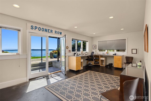 4864 Rockaway Beach Rd NE, Bainbridge Island, WA 98110 - home office with a water view, recessed lighting, and baseboards