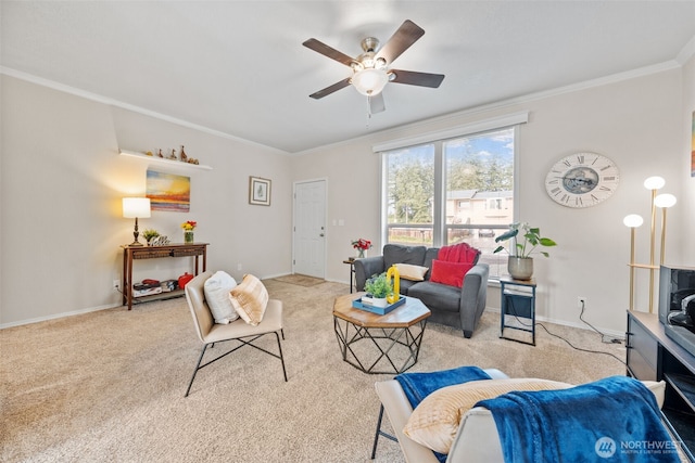 20318 E 67th Ave E, Spanaway, WA 98387 - living room featuring ornamental molding, ceiling fan, carpet flooring, and baseboards